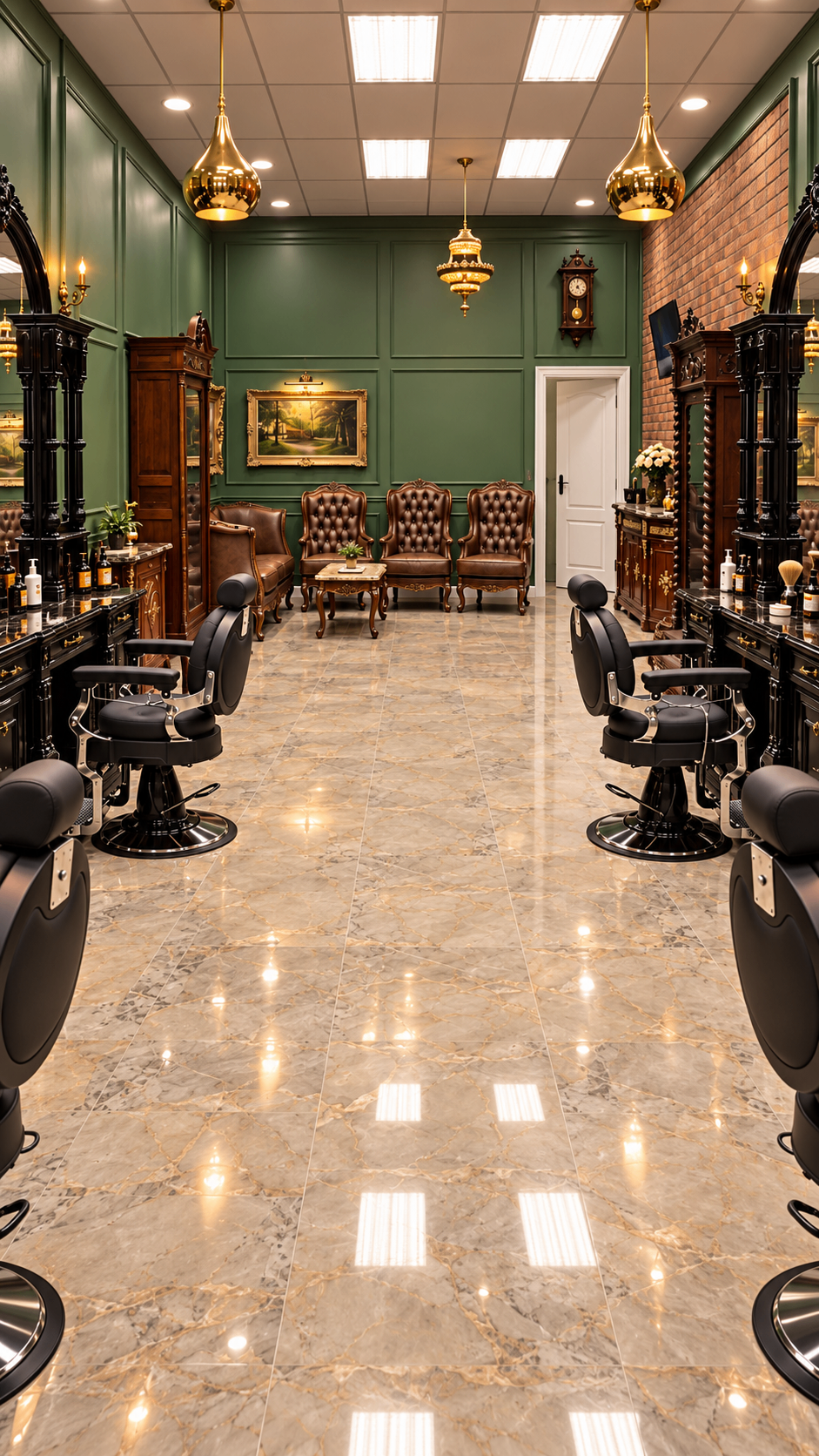 The interior of Mr Martin The Barber with barbers attending to clients
